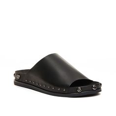 Kelsi Dagger Brooklyn-Squish Platform Sandal Want to look casual yet edgy? Slide into the Kelsi Dagger Brooklyn Squish sandal. The luxe grain leather slide comes detailed with gold hardware accents, making its profile alluring. A molded platform footbed and rubber sole ensure reliable comfort and support. Spring Sandals With Studs And Open Heel, Casual Sandals With Rivets And Round Toe, Spring Open Heel Sandals With Studs, Leather Slip-on Sandals With Studs, Spring Rivets Open Toe Sandals, Leather Studded Slip-on Sandals, Spring Open Toe Sandals With Rivets, Casual Leather Sandals With Studs, Spring Sandals With Studs And Flat Heel