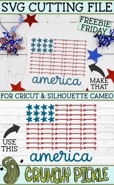 an american flag svg cutting file with the words america and stars in different colors