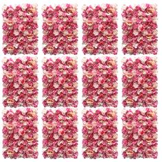 pink flowers are arranged in rows on a white background, each with different colors and sizes