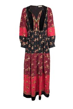 Current Boutique-Ulla Johnson - Red, Black, & Beige Floral Print Patchwork Maxi Dress Sz 4 Glam Dress, Romantic Floral Print, Velvet Trim, Intricate Embroidery, Size 6 Dress, Ulla Johnson, Soft Velvet, Day Dresses, Gold Jewelry