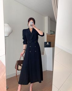 Double Breasted Belted Sashes Women Suit Dress Autumn Office Long Sleeve Slim Waist Female Dress