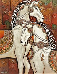 two white horses standing next to each other on top of a brown and orange background