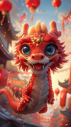 a red dragon is flying through the air with blue eyes and orange hair, while it's surrounded by lanterns