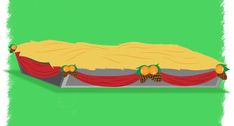 an illustration of a bed with red drapes and yellow flowers on it's sides