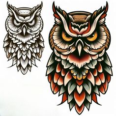 an owl tattoo design is shown in two different colors