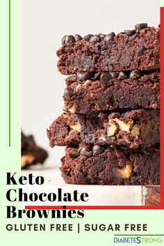 chocolate brownies stacked on top of each other with text overlay that reads keto chocolate brownies gluten free / sugar free