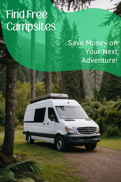 a camper van parked on the side of a road next to trees and grass