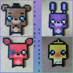 four different pictures of pixel animals made out of perler beads and bead threads