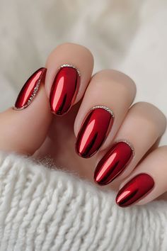 Shine bright with metallic red nails and silver glitter! This glamorous look is perfect for making a statement this fall. Check out our blog on Top 10 Nail Trends for 2024. Nails Easy | Trendy Fall Designs | Cool Nail Inspo | Glamorous Nail Art | Nails Classy | Elegant Nails | Nails Tips | Nails Simple | Nails Square Short | Nails Long | Nails Gel | Nails Basic | Minimalist Nails | Autumn Nails | Nails Inspo 2024 | Nails Trending Now 2024 | Nails Neutral | Made by AI Red Nails With Silver Glitter, Red Nails With Silver, Nails With Silver Glitter, Red And Silver Nails, Natural Nail Shapes, Fall Toe Nails, Nail Parlour, Nails With Silver, Silver Nail Designs