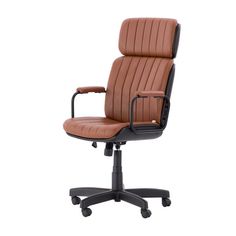 an office chair with brown leather upholstered on the back and armrests