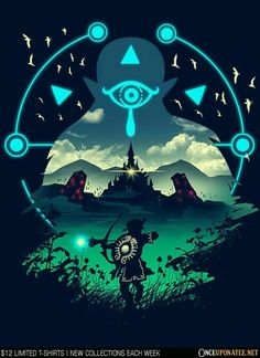 the legend of zelda's eye is shown in front of a landscape with mountains and