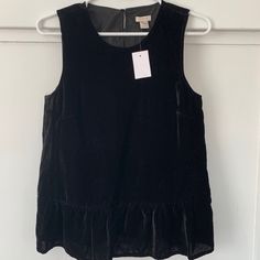 Beautiful Brand New J.Crew Black Velvet Sleeveless Top With Ruffles On Bottom. No Flaws. Size 2, Small Fall Sleeveless Tank Top, Fall Sleeveless Blouse For Workwear, Fall Workwear Sleeveless Blouse, Sleeveless Blouse For Fall Workwear, Black Sleeveless Blouse For Fall, Long Sleeve Ruffle Top, Chiffon Tops Blouses, Tiered Blouse, Top With Ruffles