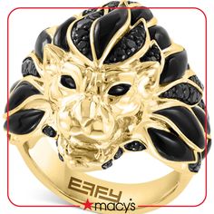 in stock Lion Ring, All Gems, Black Spinel, Gold Plated Sterling Silver, Metal Rings, Free Jewelry, Dark Black, Sterling Silver Jewelry, Metallic Silver