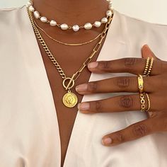 Water resistant 💧 Materials: Stainless steel Measurements: 20" Closure: Toggle Allergy Information: Hypoallergenic Stacking Necklaces, Chunky Gold Necklace, Colorful Rings, Dainty Chain Necklace, Chunky Pearls, Gold Coin Necklace, June Birthstone Jewelry, Hot Jewelry, Hypoallergenic Jewelry