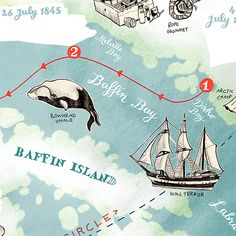 an illustrated map shows the locations of ships and animals in different places around the world