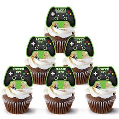 six cupcakes with video game controllers on them