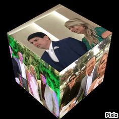 a cube with an image of two people and one man on the side, surrounded by other images