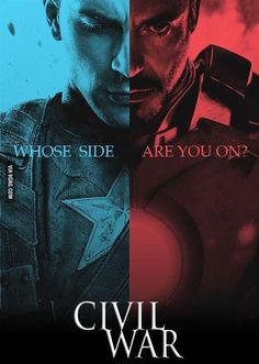 the avengers movie poster with captain america and iron man in red, blue and black