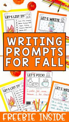 an orange and white photo with the words writing prompts for fall