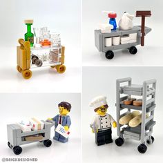 four pictures of legos with different food items