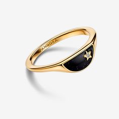 Invoke the power of opposites when you wear the Pandora ME Halved Enamel Signet Ring. A 14k gold-plated ring features a semicircle with a raised star – which has a sparkling stone set at its center – surrounded by glittery black enamel. Wear this black-and-gold ring alone or with the Pandora ME Halved Enamel Signet Ring in sterling silver, which is designed to fit together with this ring and place the stars opposite one another. - Pandora ME Halved Enamel Signet Ring - Enamel / 14k Gold-plated u Gold Enamel Ring With Black Enamel Fine Jewelry, Gold Enamel Ring With Black Detailing Fine Jewelry, Engagement Frames, Pandora Me, Pandora Essence, Gold Armband, Ocean Jewelry, Ringe Gold, Gold Signet Ring