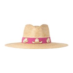 The Cowgirl Embroidered Palm hat features a pink cotton band with embroidered cowgirl hats and is a part of our sustainable, fair trade hat collection and graded at the highest UPF rating. Due to the complexity of a hat made by hand, each hat slightly varies within a size. Help us hand select the right hat for you and include your head size in the order notes upon checkout. Details: Permanent woven band attached to crown of hat Hat Brim measures 3 3/4" wide Crown of hat measures 4 1/2" tall Hat Tip, Sarong Dress, Raffia Hat, Hat Holder, Yee Haw, Hat Collection, Cowgirl Hats, Easy Travel, Dress Hats