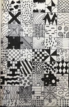 a black and white drawing with lots of different shapes