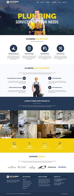 the website design for plumbing services is shown in blue, yellow and white colors scheme