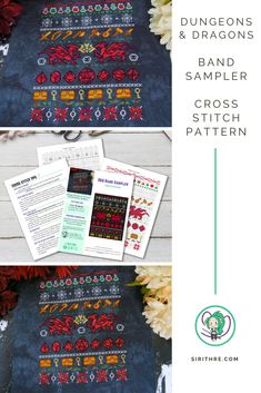 two pictures showing the different stitches and designs on each piece of fabric, with text overlay