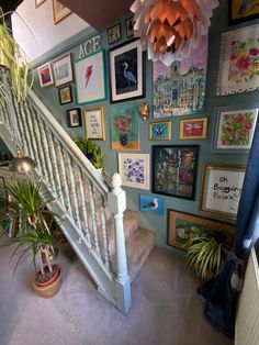 the stairs are covered with many pictures and framed art on the wall above them is a potted plant