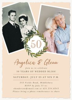 the 50th anniversary party card features two photos of an older man and woman