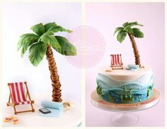 a cake with a palm tree on top and an image of a beach chair next to it