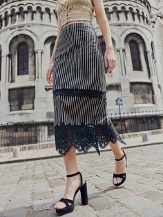 Eddy Skirt Lacey Midi Skirt Tomboy Look, Pencil Midi Skirt, Black And Khaki, Midi Skirt Pencil, Black Midi Skirt, Lace Inset, Black Khakis, Girly Girl, Deep V