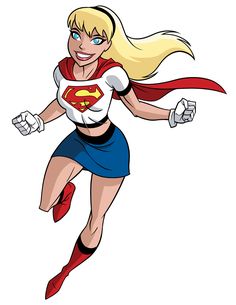 a cartoon girl with blonde hair and blue eyes is flying through the air while wearing a superman