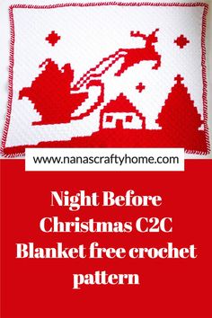 a red and white crocheted christmas pillow with santa's sleigh on it