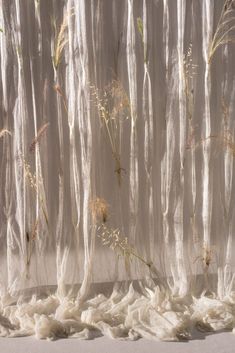 some plants are growing out of the white fabric on the wall and behind it is an image of sheer curtains