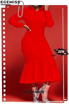 Red Fashion Casual Solid Basic Hooded Collar Long Sleeve Dress Dresses Red Fashion, Women's Fashion Dresses, Fashion Casual, Sleeve Dress, Casual Fashion, Fashion Dresses, Dresses With Sleeves, Long Sleeve Dress, Collar