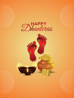 happy dhanteras greeting card with foot prints and gold coins on an orange background