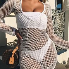 Women V-neck Lace Up Long Sleeves Sexy Transparent Sheer Bodycon Bandage Dress See Through Summer Beach Party Mini Vestidos jukpop.com jkp1505 Fitted Sheer Cover-up For Beach Party, Beachwear Mini Dress With Hollow Out For Party, Mesh Party Swimwear For Spring, Spring Party Mesh Swimwear, White Mini Dress For Club And Beach Season, Fitted Sheer Cover-up For Party, Summer Long Sleeve Mesh Dress, Long Sleeve Mesh Dress For Summer, White Mesh Dress For Summer