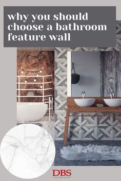 a bathroom with marble walls and flooring that has the words why you should choose a bathroom feature wall