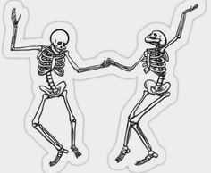 two skeletons dancing with their arms in the air and one holding his hand out to another skeleton