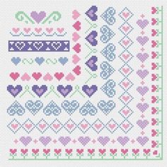 a cross stitch pattern with hearts and flowers on the border, in pastel colors