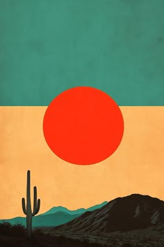 the sun is setting over a desert landscape with cactus and mountains in the foreground