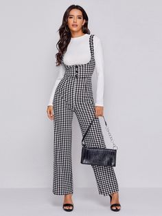 Black and White Elegant  Sleeveless Polyester Houndstooth Overall Embellished Slight Stretch Spring/Fall Women Jumpsuits & Bodysuits Pinafore Jumpsuit, Black White Jumpsuit, Jumpsuit Elegant, Shein Style, Western Outfits, Modest Dresses, Indian Outfits, Fashion Online Shop, Jumpsuits For Women