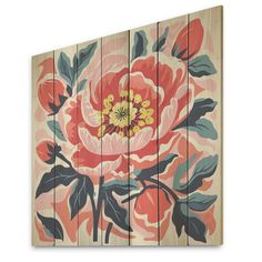 an art piece with flowers painted on the side of it and wood planks behind it