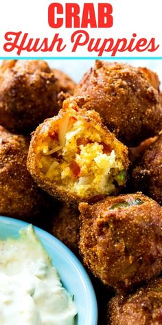 crab hush puppies on a plate with ranch dip