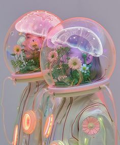 two people with flowers and plants in their heads, both looking at the same person's face