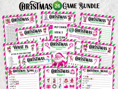 christmas games for kids to play on the nintendo wii and other electronic devices, with pink and green striped background