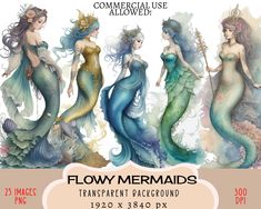 four mermaids with different colors and sizes