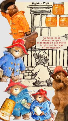 there are many teddy bears dressed up in different outfits and hats, with honey jars behind them